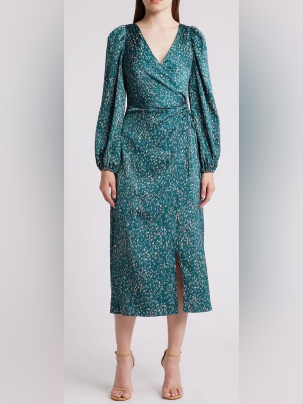 Jewel Toned Abstract Print Wrap-effect Midi Dress with Long Sleeve